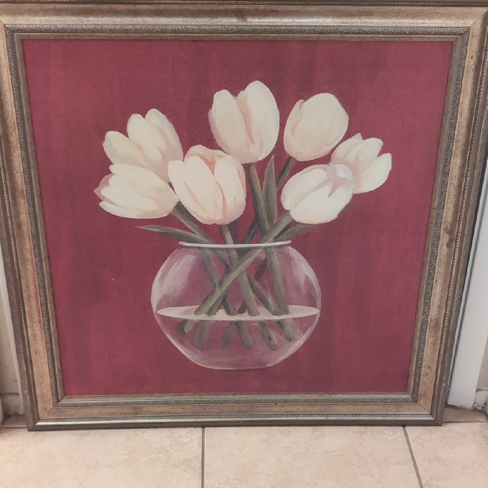 Framed Tulip Artwork on Red Background